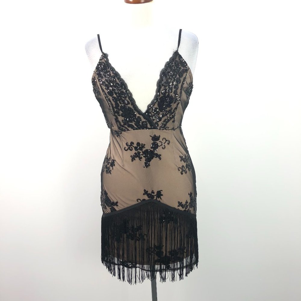 NWT Boohoo Black Mesh Sequin Fringe Bodycon Dress